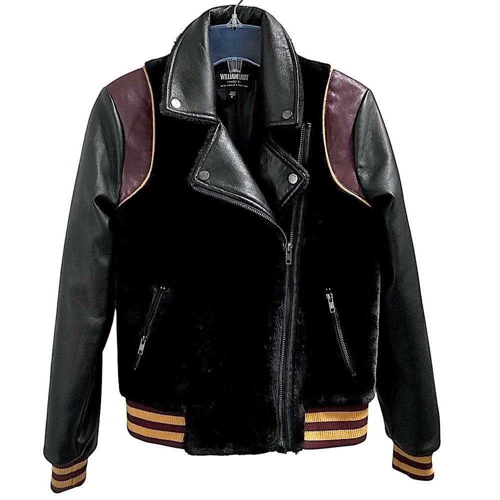 William Rast Noelie Varsity Moto Jacket Black Faux Fur & Leather Oversized Small - Picture 2 of 16